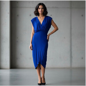 Alexander McQueen Royal Blue Plunge V-Neck Midi Shirred Cocktail Dress Medium